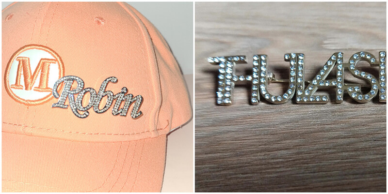 wholesale personalized diamond name plate brooches suppliers bulk custom diamante letter hat pins manufacturers